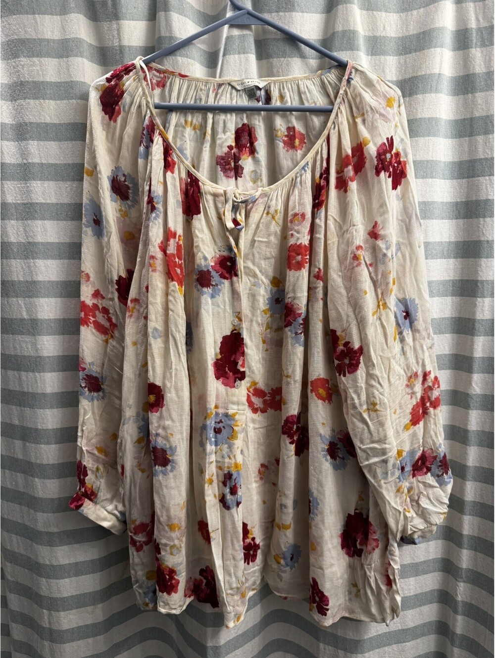 Lucky Brand Woman's L Boho Ivory Floral Long Sleeve Lightweight Peasant Top 2X
